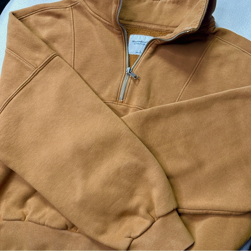 Abercrombie & Fitch Soft AF Cropped Quarter Zip Pullover Sweater - Camel Tan - Picture 6 of 9